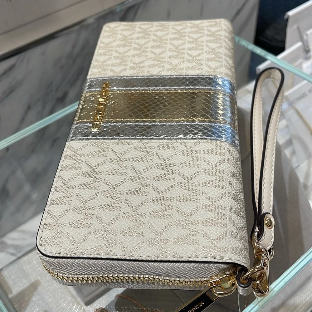 Michael Kors Jet Set Travel Large Signature Logo and Metallic Continental Wallet